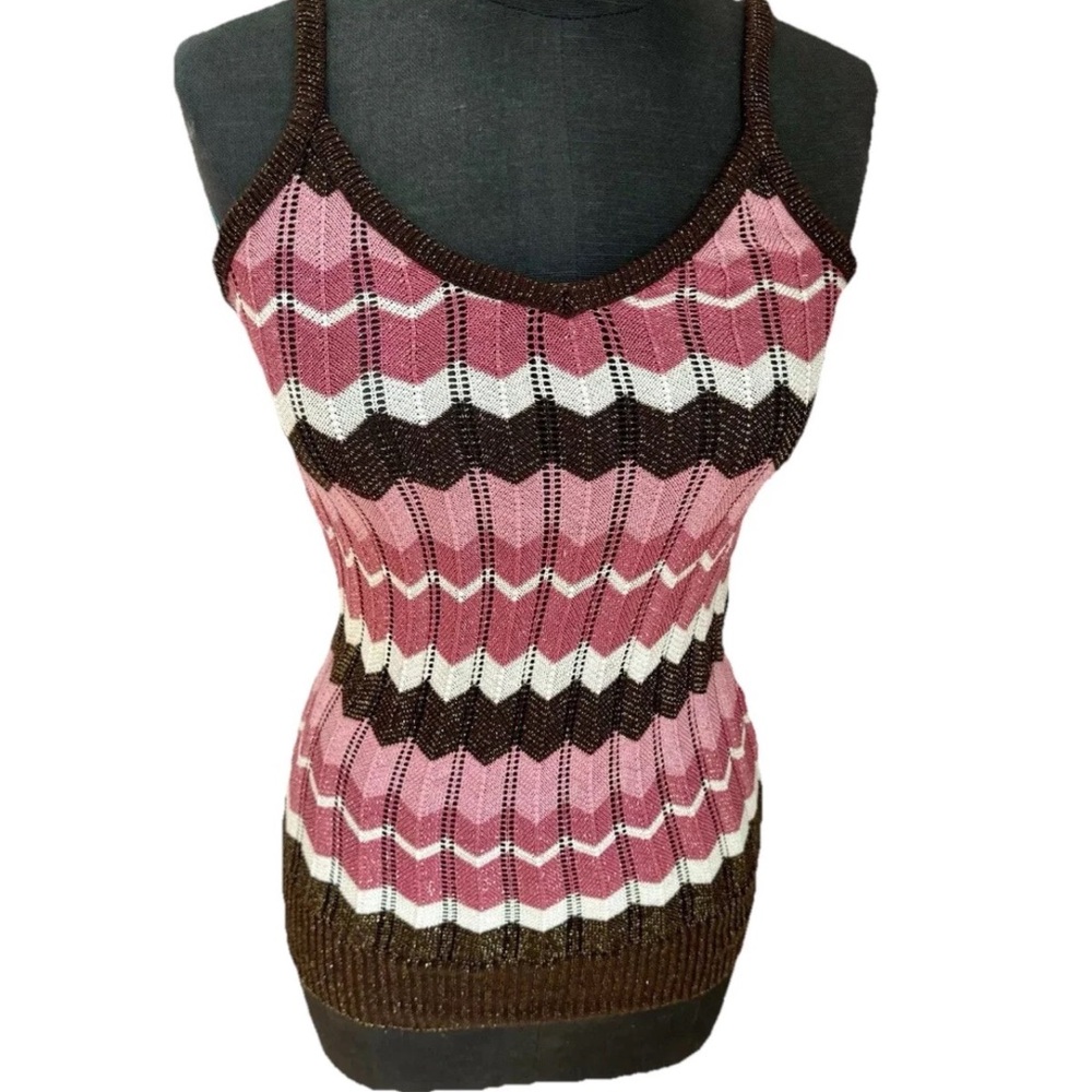 No Boundaries Y2K pink and brown chevron knit spaghetti strap tank top.